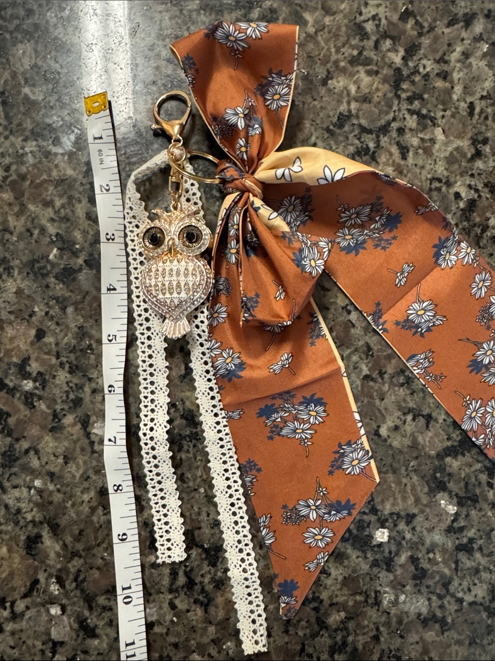 Owl Crystal Keychain with Floral Bow Accent - Picture 2 of 3